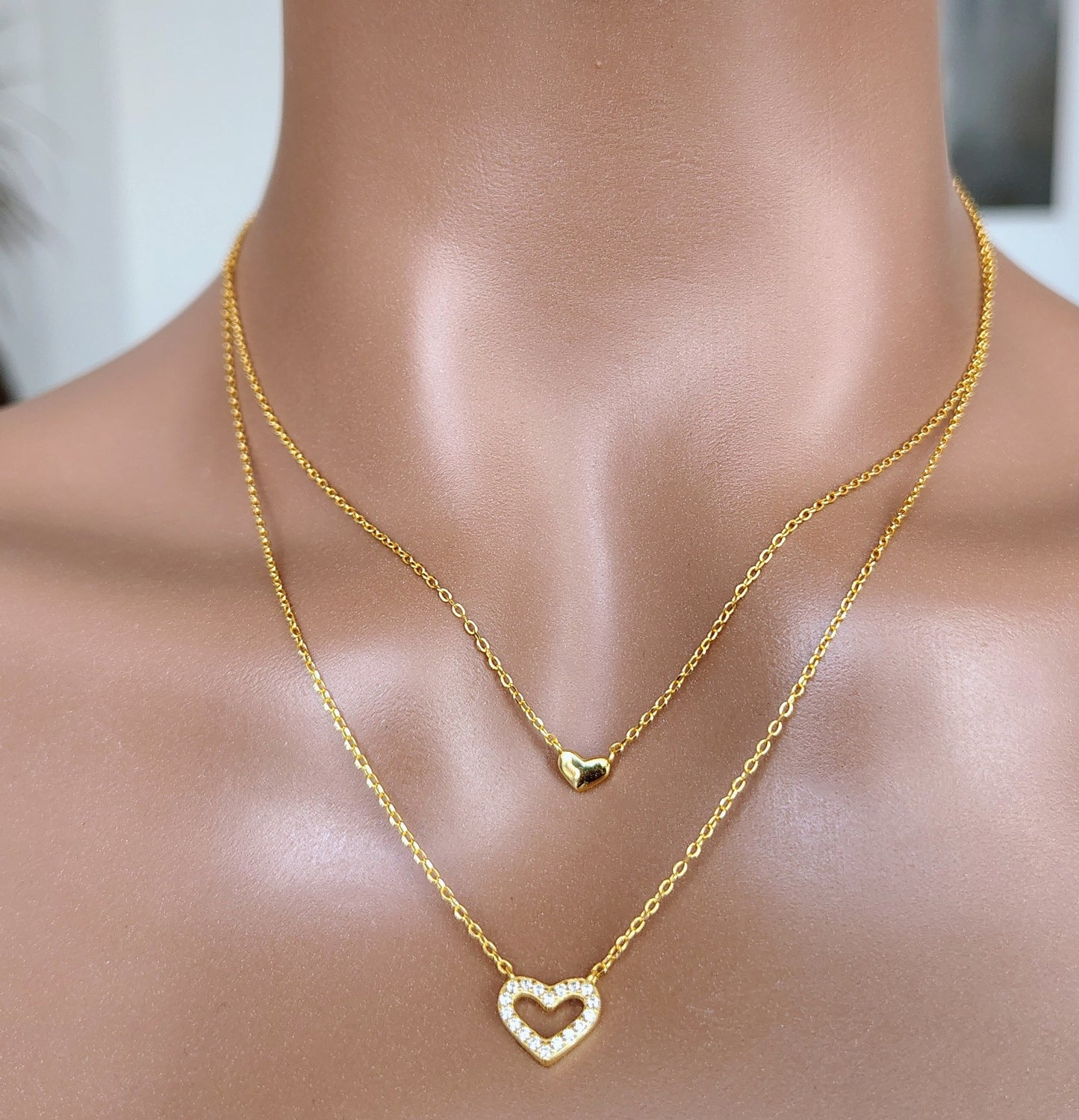 Binzola Double Heart Necklace - 925 Sterling Silver Gold Plated Romance
